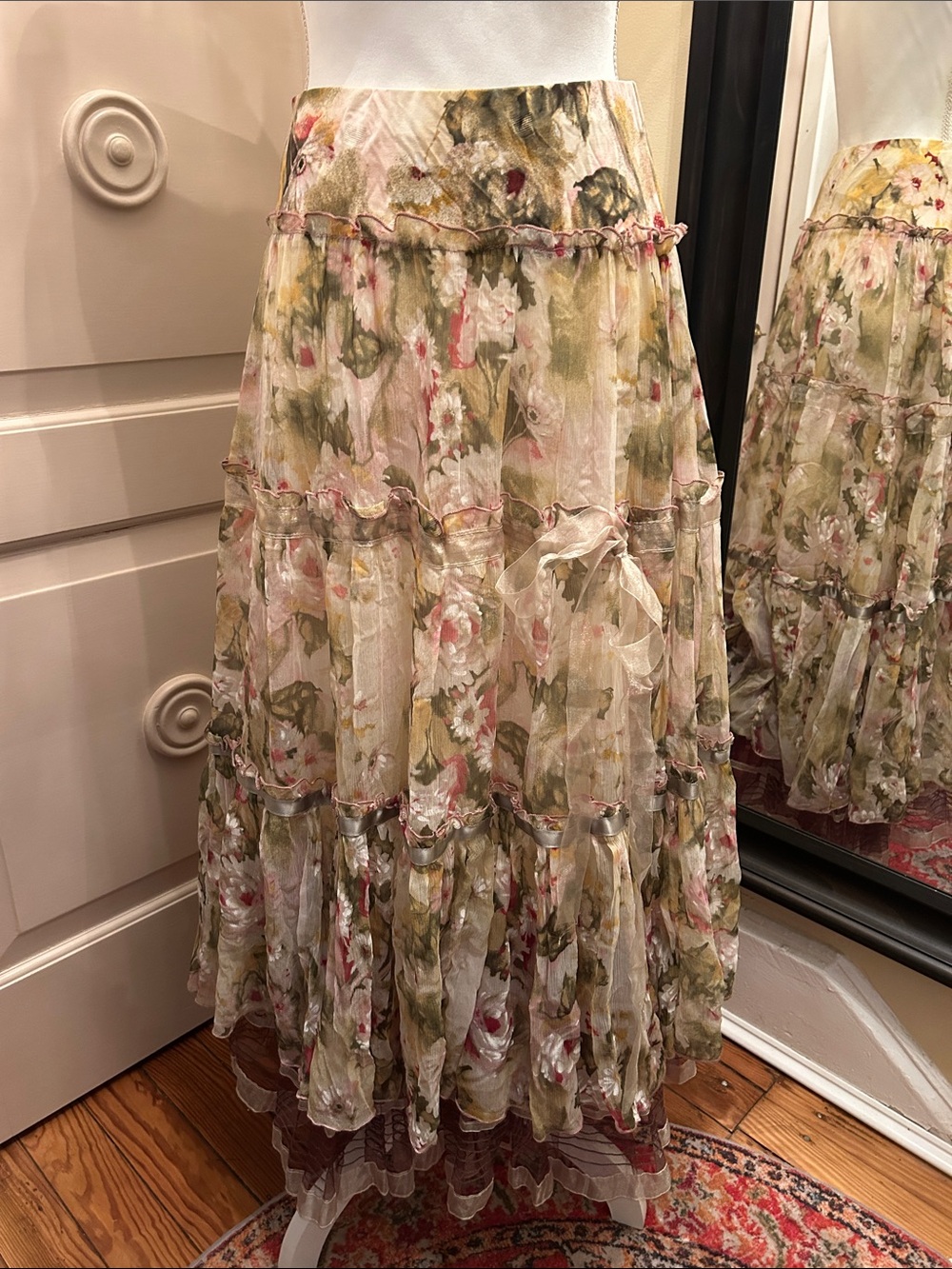RARE! SONIA FORTUNA sz 2-6 feminine floral Tiered Chiffon Maxi Skirt Green/Pink